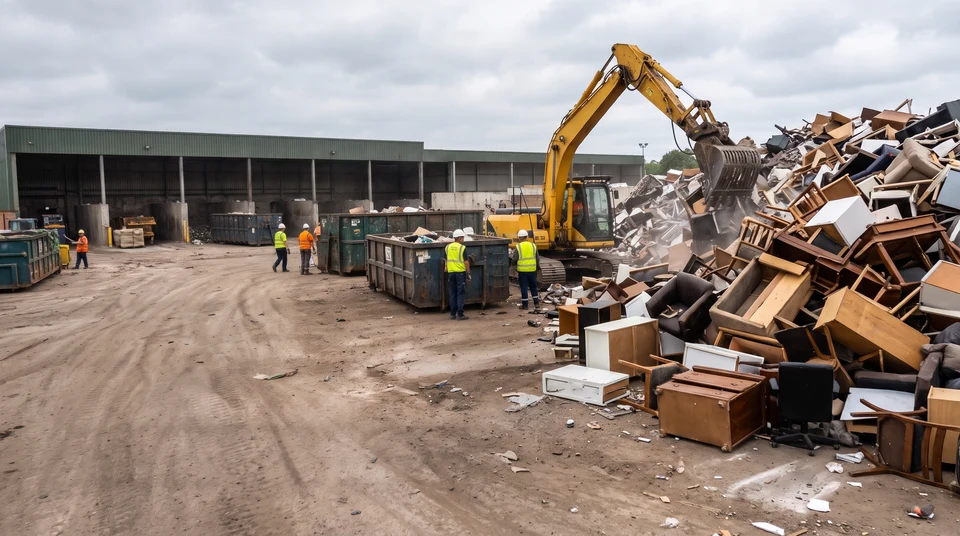 Illustration of discarded furniture being destroyed at a waste treatment site